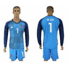 Spain 1 DE GER Lake Blue Goalkeeper 2018 FIFA World Cup Long Sleeve Soccer Jersey