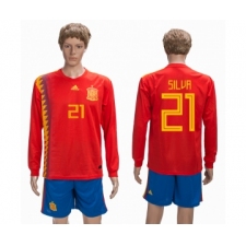 Spain 21 SILVA Home 2018 FIFA World Cup Long Sleeve Soccer Jersey