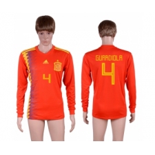 Spain 4 GUARDIOLA Home 2018 FIFA World Cup Long Sleeve Thailand Soccer Jersey