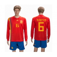 Spain 6 A INIESTA Home 2018 FIFA World Cup Long Sleeve Soccer Jersey