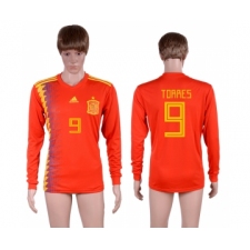 Spain 9 TORRES Home 2018 FIFA World Cup Long Sleeve Thailand Soccer Jersey