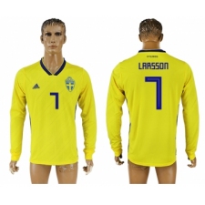 Sweden 7 LARSSON Home 2018 FIFA World Cup Long Sleeve Thailand Soccer Jersey