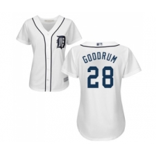 Women's Detroit Tigers #28 Niko Goodrum Replica White Home Cool Base Baseball Jersey