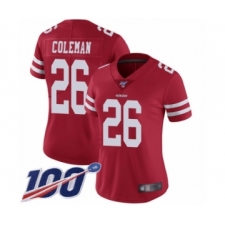 Women's San Francisco 49ers #26 Tevin Coleman Red Team Color Vapor Untouchable Limited Player 100th Season Football Jersey