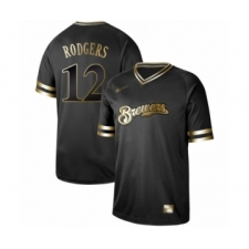 Men's Milwaukee Brewers #12 Aaron Rodgers Authentic Black Gold Fashion Baseball Jersey