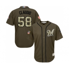 Men's Milwaukee Brewers #58 Alex Claudio Authentic Green Salute to Service Baseball Jersey