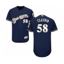 Men's Milwaukee Brewers #58 Alex Claudio Navy Blue Alternate Flex Base Authentic Collection Baseball Jersey