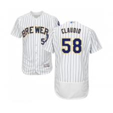 Men's Milwaukee Brewers #58 Alex Claudio White Home Flex Base Authentic Collection Baseball Jersey