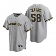 Men's Nike Milwaukee Brewers #58 Alex Claudio Gray Road Stitched Baseball Jersey