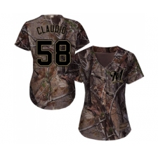Women's Milwaukee Brewers #58 Alex Claudio Authentic Camo Realtree Collection Flex Base Baseball Jersey