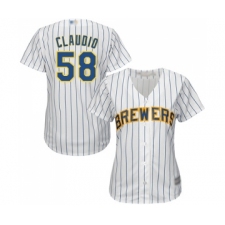 Women's Milwaukee Brewers #58 Alex Claudio Replica White Home Cool Base Baseball Jersey