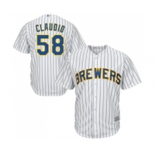 Youth Milwaukee Brewers #58 Alex Claudio Replica White Home Cool Base Baseball Jersey