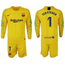 Barcelona #1 Ter Stegen Yellow Goalkeeper Long Sleeves Soccer Club Jersey