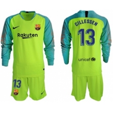 Barcelona #13 Cillessen Shiny Green Goalkeeper Long Sleeves Soccer Club Jersey