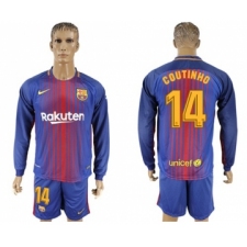 Barcelona #14 Coutinho Home Long Sleeves Soccer Club Jersey