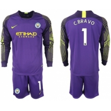 Manchester City #1 C.Bravo Purple Goalkeeper Long Sleeves Soccer Club Jersey