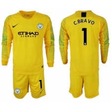 Manchester City #1 C.Bravo Yellow Goalkeeper Long Sleeves Soccer Club Jersey
