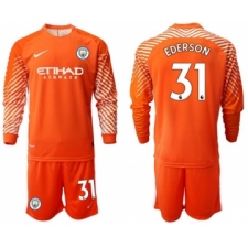 Manchester City #31 Ederson Orange Goalkeeper Long Sleeves Soccer Club Jersey