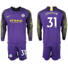 Manchester City #31 Ederson Purple Goalkeeper Long Sleeves Soccer Club Jersey