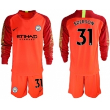 Manchester City #31 Ederson Red Goalkeeper Long Sleeves Soccer Club Jersey