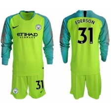Manchester City #31 Ederson Shiny Green Goalkeeper Long Sleeves Soccer Club Jersey