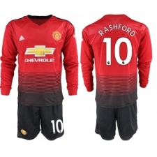 Manchester United #10 Rashford Red Home Long Sleeves Soccer Club Jersey