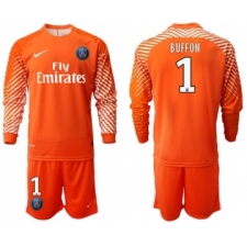 Paris Saint-Germain #1 Buffon Orange Goalkeeper Long Sleeves Soccer Club Jersey