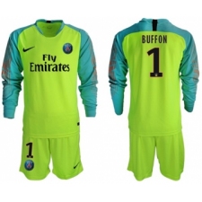 Paris Saint-Germain #1 Buffon Shiny Green Goalkeeper Long Sleeves Soccer Club Jersey
