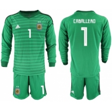 Argentina #1 Caballero Green Long Sleeves Goalkeeper Soccer Country Jersey