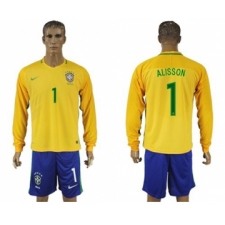 Brazil #1 Alisson Home Long Sleeves Soccer Country Jersey