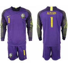 Brazil #1 Alisson Purple Goalkeeper Long Sleeves Soccer Country Jersey