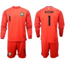 Brazil #1 Alisson Red Goalkeeper Long Sleeves Soccer Country Jersey