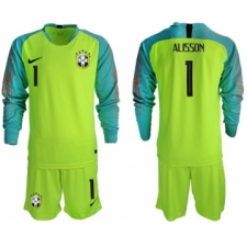 Brazil #1 Alisson Shiny Green Goalkeeper Long Sleeves Soccer Country Jersey