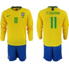 Brazil #11 P.Coutinho Home Long Sleeves Soccer Country Jersey