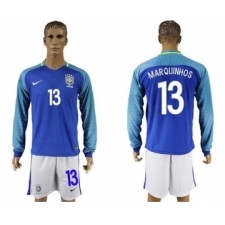 Brazil #13 Marquinhos Away Long Sleeves Soccer Country Jersey