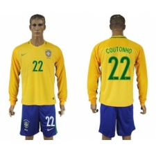 Brazil #22 Coutonho Home Long Sleeves Soccer Country Jersey