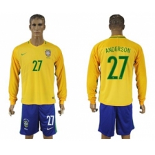 Brazil #27 Anderson Home Long Sleeves Soccer Country Jersey
