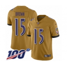 Men's Baltimore Ravens #15 Marquise Brown Limited Gold Inverted Legend 100th Season Football Jersey