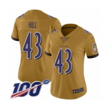Women's Baltimore Ravens #43 Justice Hill Limited Gold Inverted Legend 100th Season Football Jersey