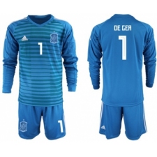 Spain #1 De Gea Blue Goalkeeper Long Sleeves Soccer Country Jersey
