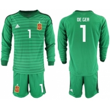 Spain #1 De Gea Green Long Sleeves Goalkeeper Soccer Country Jersey