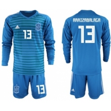 Spain #13 Arrizabalaga Blue Goalkeeper Long Sleeves Soccer Country Jersey