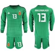 Spain #13 Arrizabalaga Green Long Sleeves Goalkeeper Soccer Country Jersey