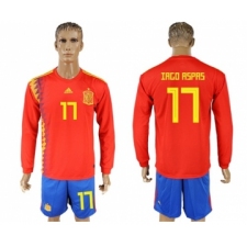 Spain #17 Iago Aspas Red Home Long Sleeves Soccer Country Jersey