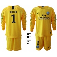 Paris Saint Germain #1 Buffon Yellow Goalkeeper Long Sleeves Kid Soccer Club Jersey