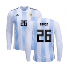 Argentina #26 Pavon Home Long Sleeves Kid Soccer Country Jersey