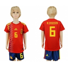 Spain #6 A.Iniesta Red Home Kid Soccer Country Jersey