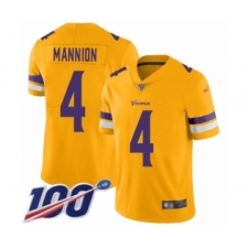 Men's Minnesota Vikings #4 Sean Mannion Limited Gold Inverted Legend 100th Season Football Jersey