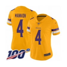 Women's Minnesota Vikings #4 Sean Mannion Limited Gold Inverted Legend 100th Season Football Jersey