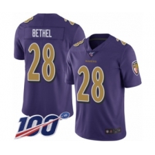 Men's Baltimore Ravens #28 Justin Bethel Limited Purple Rush Vapor Untouchable 100th Season Football Jersey